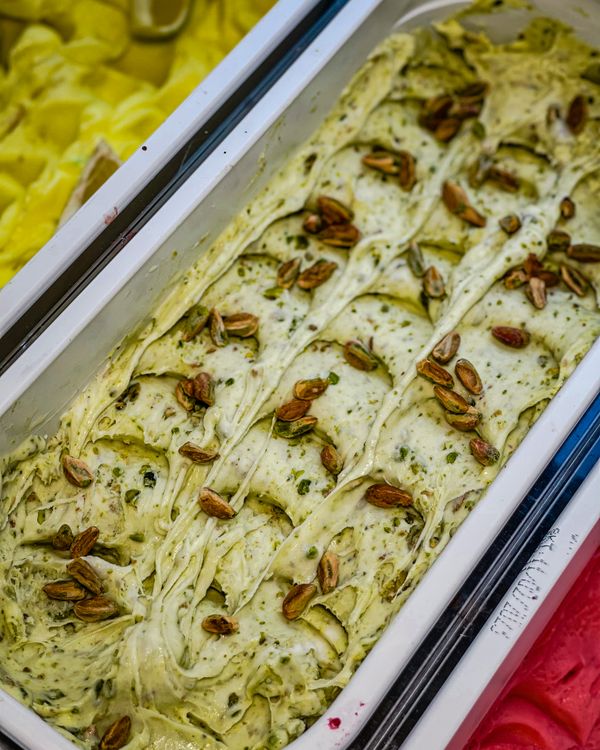 Pistachio gelato in a pan